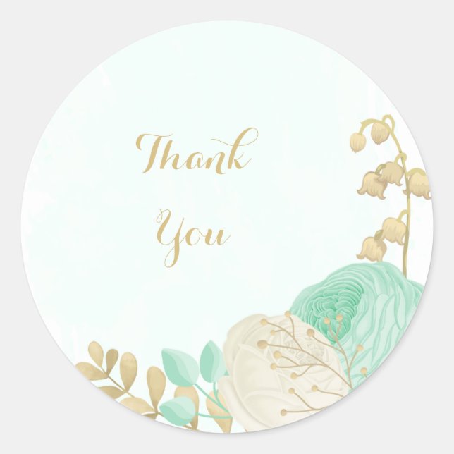 Romantic mint green & white flowers gold classic round sticker (Front)
