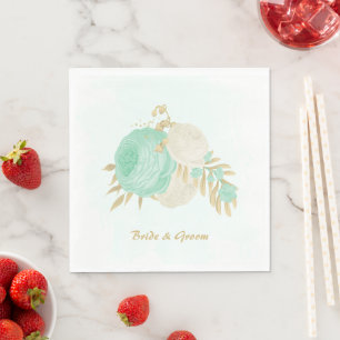 Romantic mint green & white flowers gold napkin