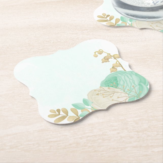 Romantic mint green & white flowers gold paper coaster (Angled)