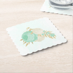 Romantic mint green & white flowers gold  paper coaster