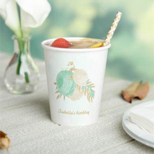 Romantic mint green & white flowers gold paper cups