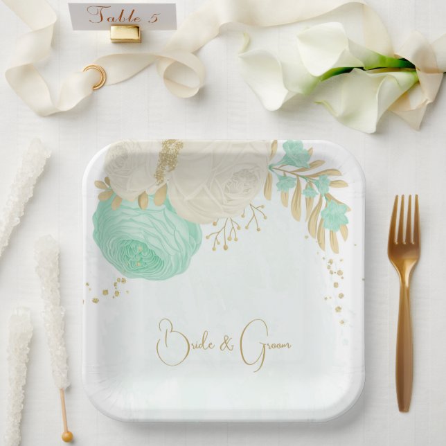 Romantic mint green & white flowers gold paper pla paper plate (Wedding)