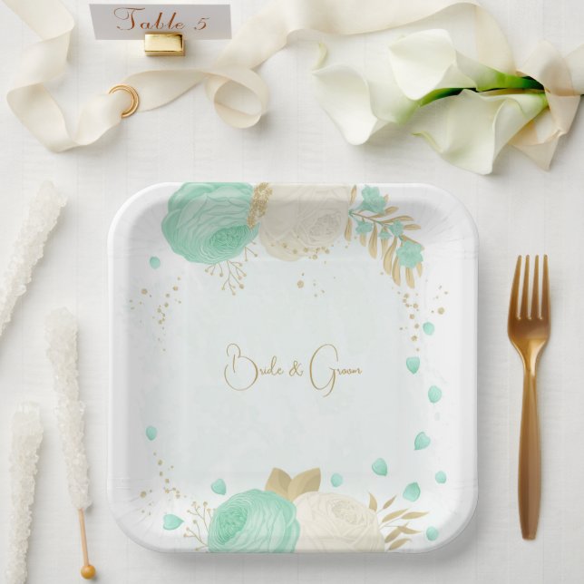 Romantic mint green & white flowers gold paper plate (Wedding)
