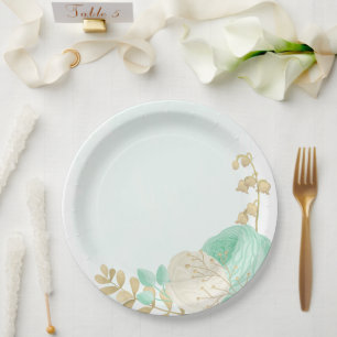 Romantic mint green & white flowers gold paper plate