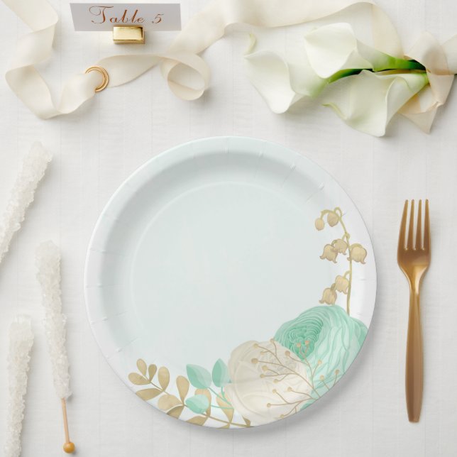 Romantic mint green & white flowers gold paper plate (Wedding)