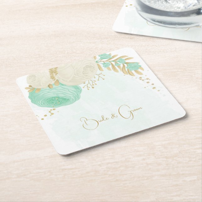 Romantic mint green & white flowers gold square paper coaster (Angled)