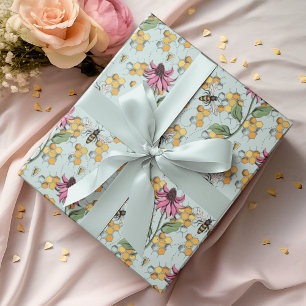 Romantic Mint Queen Bee, Honeycomb & Flowers  Wrapping Paper