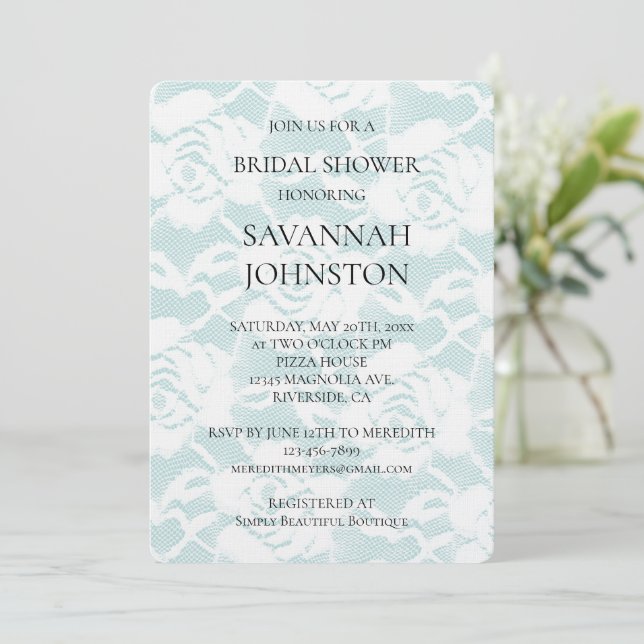 Romantic Mint White Roses Floral Bridal Shower Invitation (Standing Front)