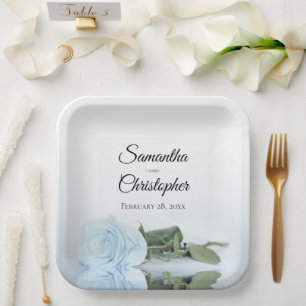 Romantic Mirrored Light Blue Rose Elegant Wedding Paper Plate
