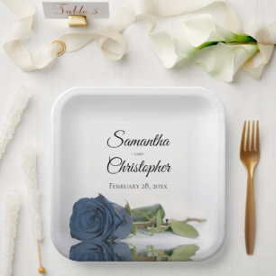 Romantic Mirrored Steel Blue Rose Elegant Wedding Paper Plate