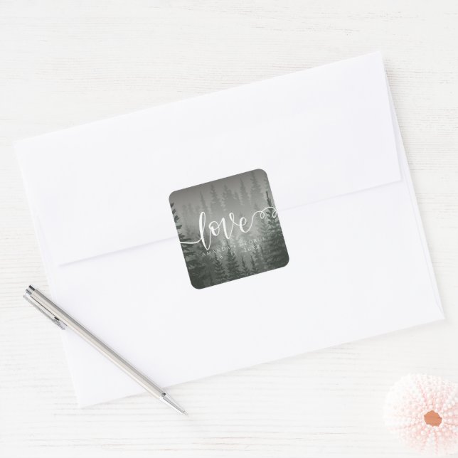 Romantic Misty Forest Themed Script Love Wedding Square Sticker (Envelope)