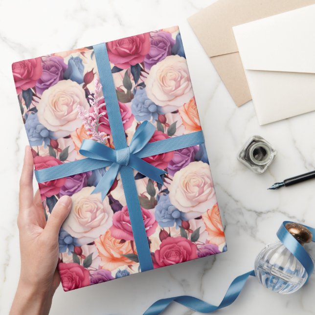 Romantic Mixed Roses Soft Floral Bouquet Pattern Wrapping Paper (Gifting)