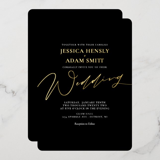 Romantic Modern Black and Gold Wedding Foil Invita (Front/Back)
