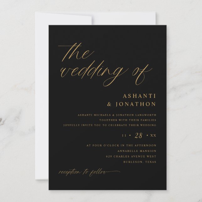 Romantic Modern Black and Gold Wedding Invitation (Front)