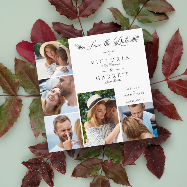 Romantic Modern Branches Collage 5 Photos Couple Save The Date (Creator Uploaded)