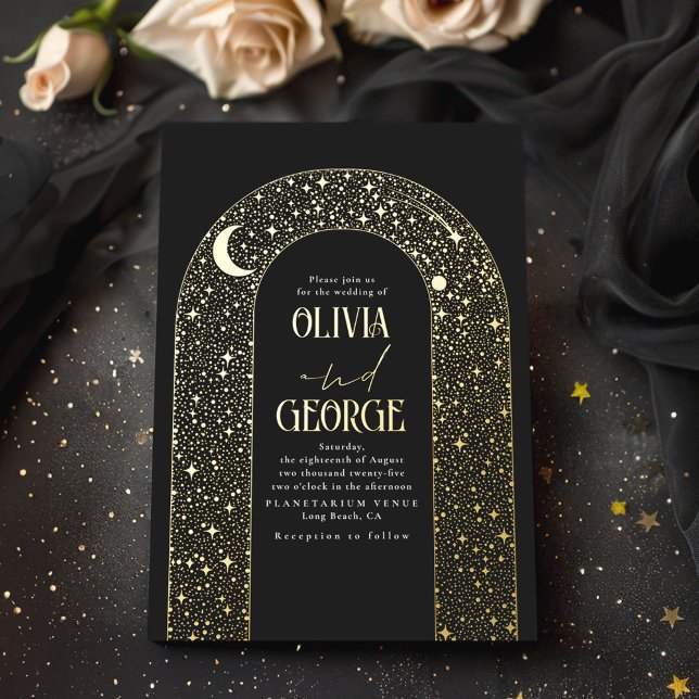 Romantic Modern Celestial Wedding Black Gold (Celestial Wedding Invitation)