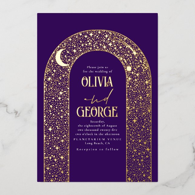 Romantic Modern Celestial Wedding Purple & Gold (Front)