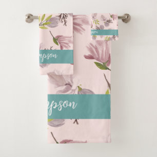 Romantic modern design monogram pink and blue bath towel set