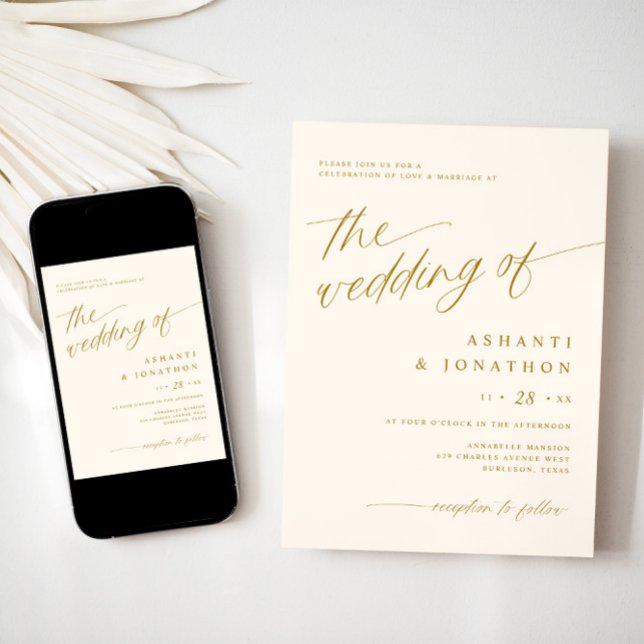 Romantic Modern Gold Ivory All in One Wedding Invitation (Gold and light cream wedding invitation - downloadable - elegant, romantic, soft)