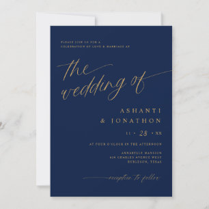 Romantic Modern Navy Blue Gold All in One Wedding Invitation