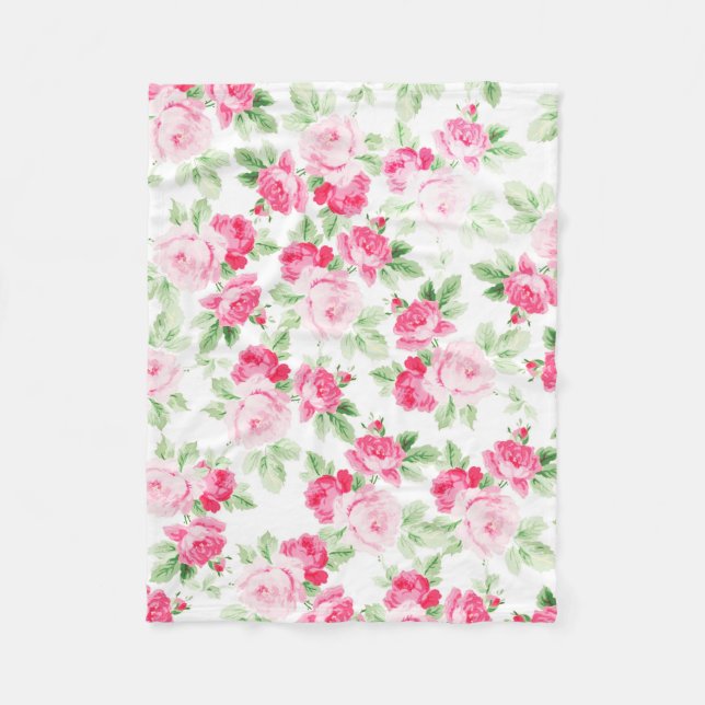 Romantic modern pink white trendy roses floral fleece blanket (Front)