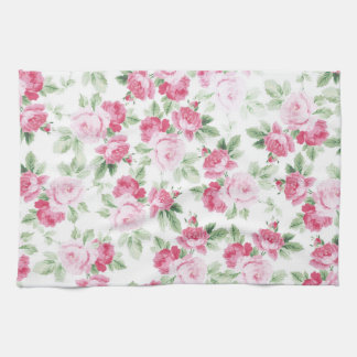 Romantic modern pink white trendy roses floral tea towel