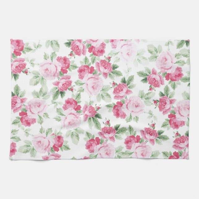 Romantic modern pink white trendy roses floral tea towel (Horizontal)