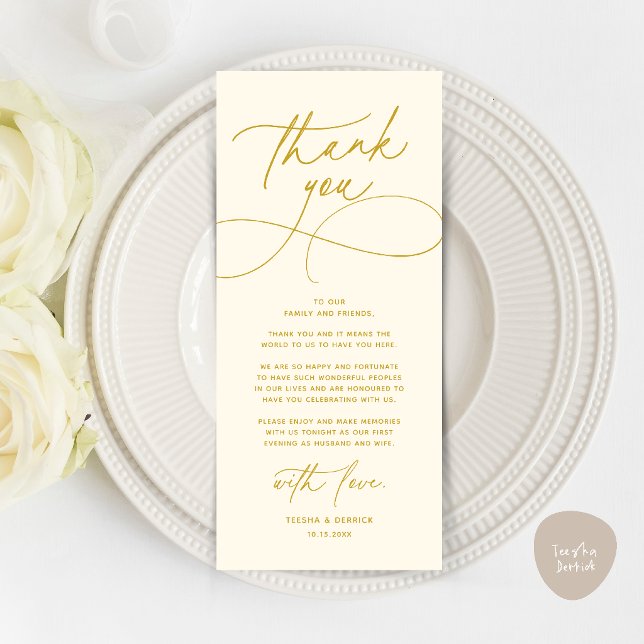 Romantic Modern Wedding Reception Thank You Card (Romantic Modern Wedding Reception Dinner Thank You Card in yellow cream gold)