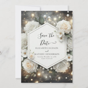 Romantic Modern White Roses Wedding Save The Date