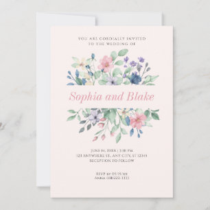 Romantic Modern Wildflowers Pale Pink Wedding Invitation