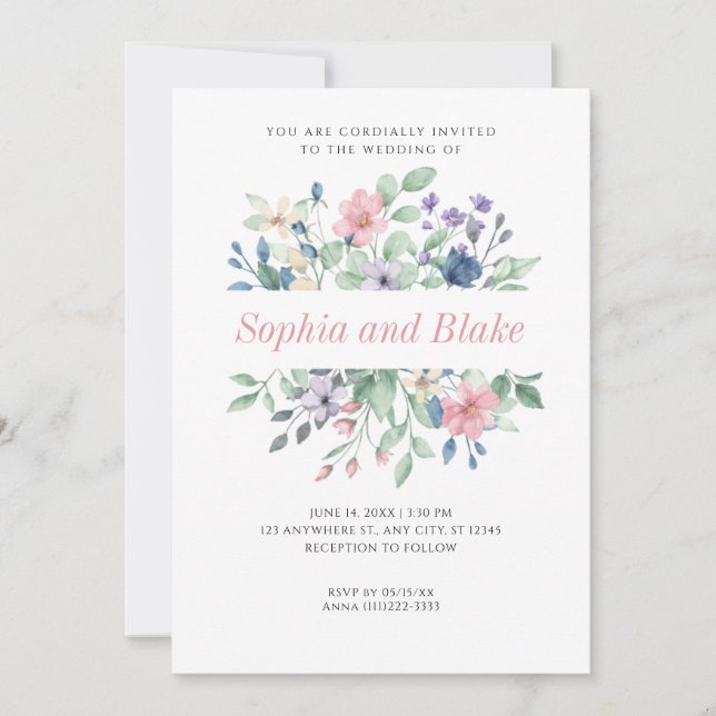 Romantic Modern Wildflowers Simple White Wedding  Invitation (Front)