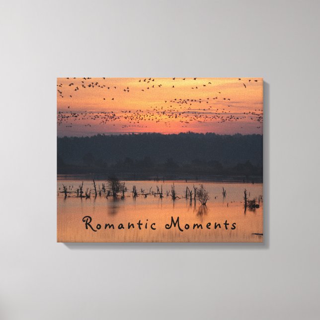Romantic moments Birds at sunrise photo with text Canvas Print (Front)
