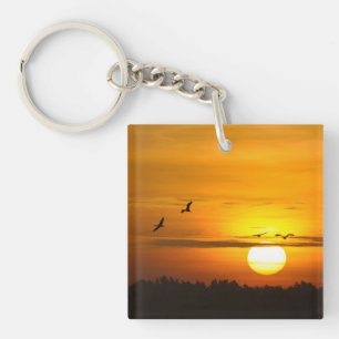 Romantic moments Cranes at sunrise photo with text Key Ring