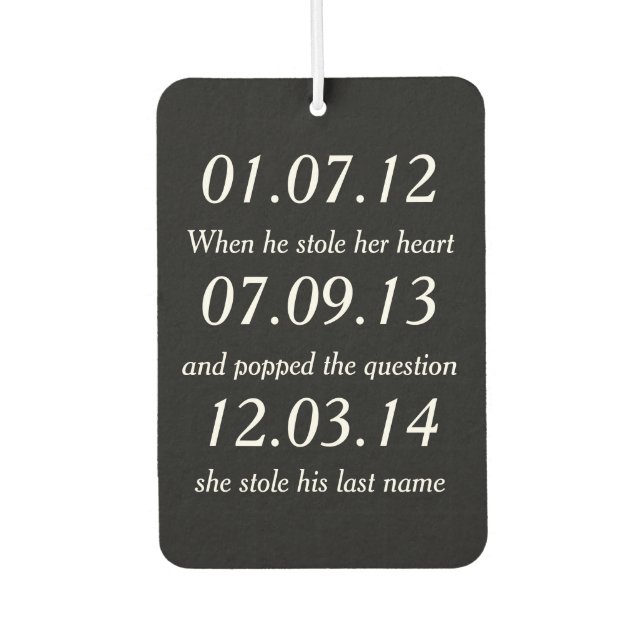 Romantic Moments Personalised Dates Custom Wedding Car Air Freshener (Front)