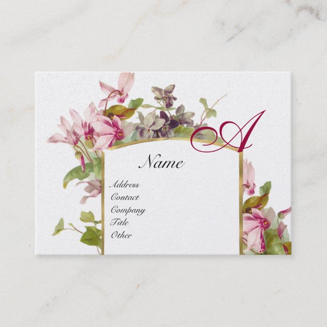 ROMANTIC MONOGRAM,Cyclamens pink green gold Business Card (Front)