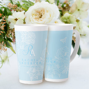 Romantic Monogram Peonies Garden Blue Latte Mug