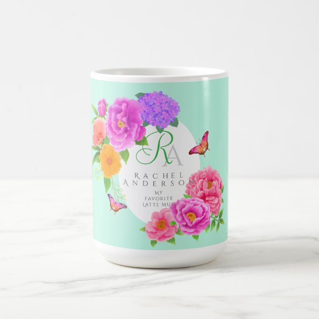 Romantic Monogram Peonies Garden Green Coffee Mug (Center)