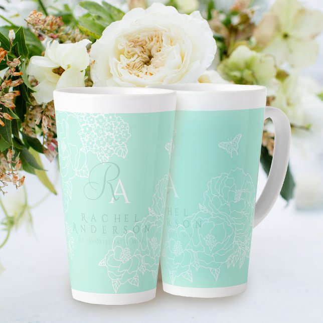 Romantic Monogram Peonies Garden Green Latte Mug (Creator Uploaded)