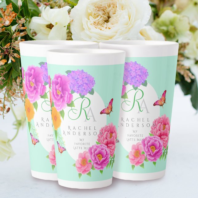 Romantic Monogram Peonies Garden Green Latte Mug (Romantic Peonies Garden Monogram Green Latte Mug.)