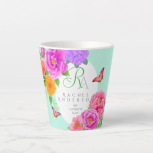 Romantic Monogram Peonies Garden Green Latte Mug