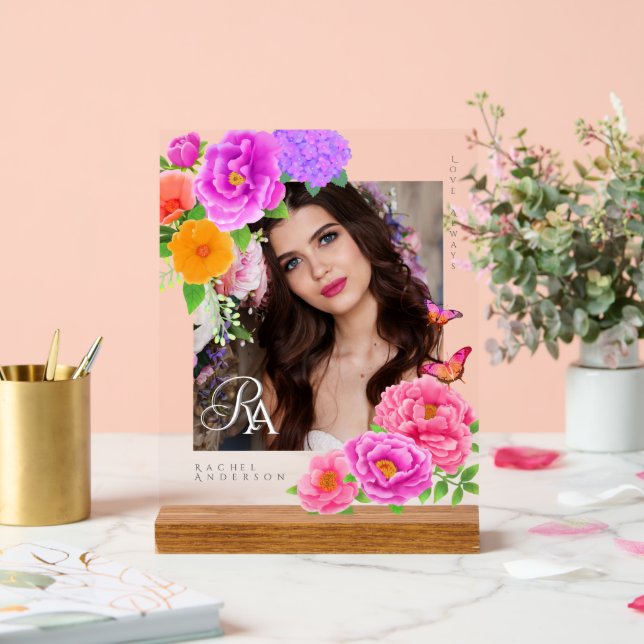 Romantic Monogram Peonies Garden  Photo Acrylic Sign (Wedding)