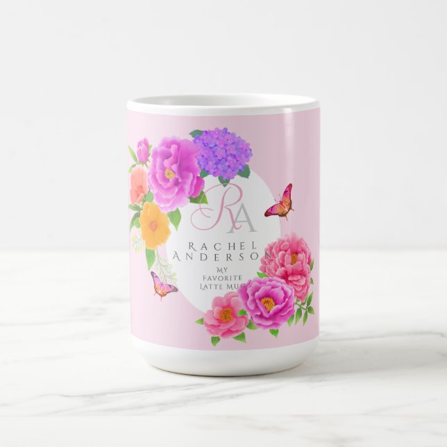 Romantic Monogram Peonies Garden Pink Coffee Mug (Center)