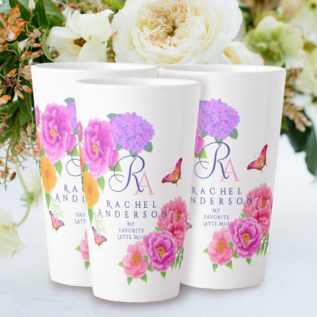 Romantic Monogram Peonies Garden White Latte Mug (Romantic Peonies Garden Monogram White Latte Mug.)