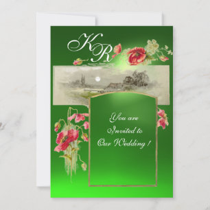 ROMANTİC MONOGRAM / POPPIES,red,green emerald Invitation
