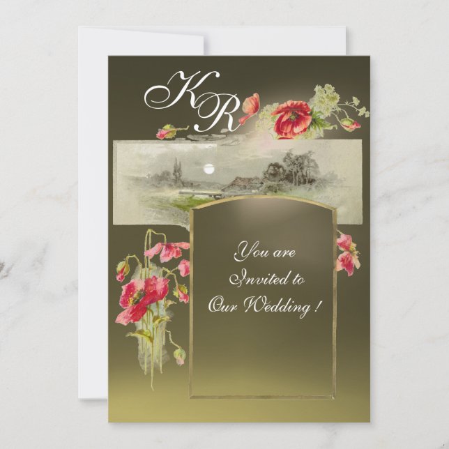 ROMANTİC MONOGRAM /POPPIES,red,green grey agate Invitation (Front)