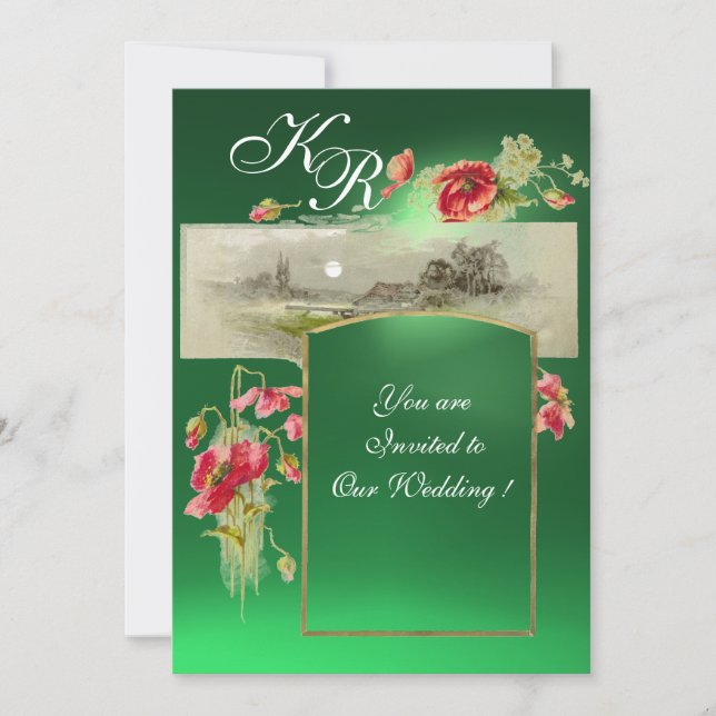 ROMANTİC MONOGRAM / POPPIES,red,green jade Invitation (Front)