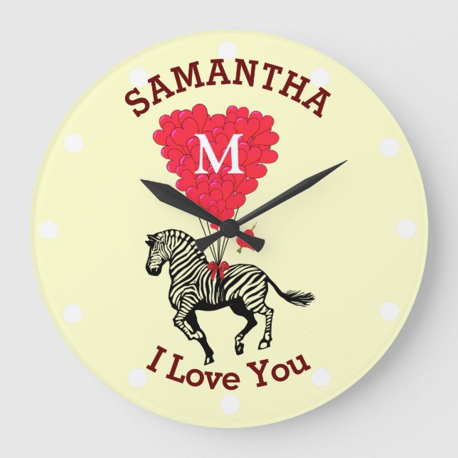 Romantic monogrammed zebra personalised large clock (Front)