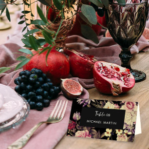Romantic Moody Black Floral Wedding Table Place Card