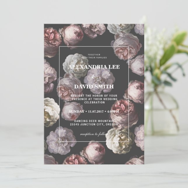 Romantic Moody Delicate Dark Black Floral Wedding Invitation (Standing Front)