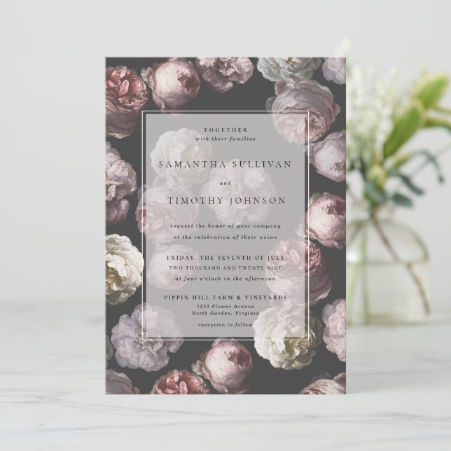 Romantic Moody Delicate Dark Black Floral Wedding Invitation (Standing Front)